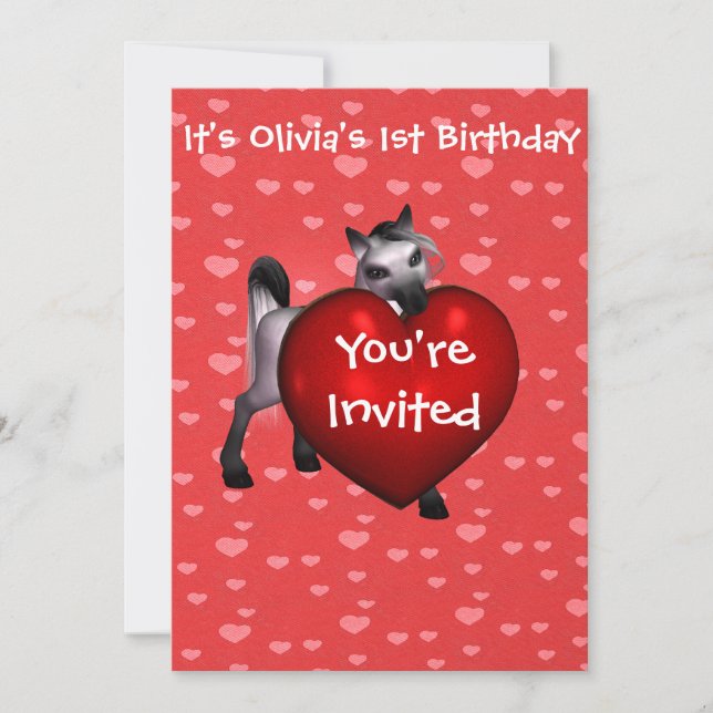 Pony blanc mignon avec invitation du coeur rouge (Devant)