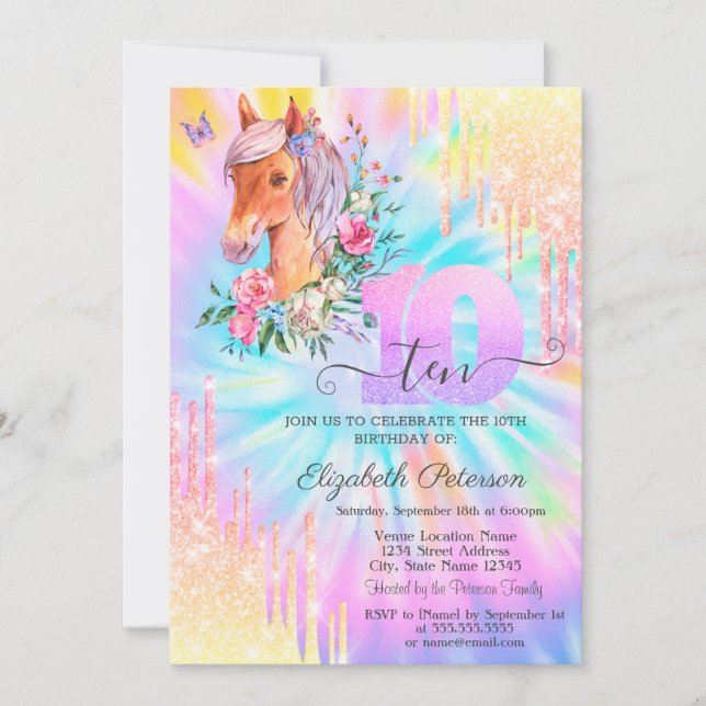 Pony Floral Glitzer Tropfens Gefärbte Krawatte 10. Einladung (Vorderseite)