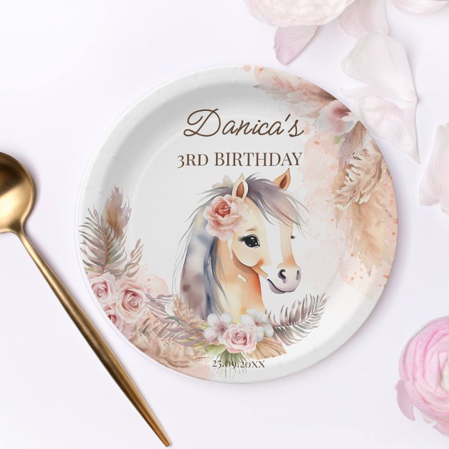 Pony-Geschirr zu Pferden Geburtstagsparty Pappteller (Horse themed birthday party supplies personalized paper plates cute baby horse pastel roses pampas)