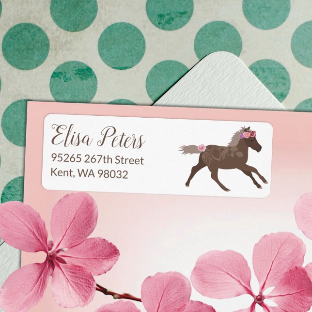 Pony Pink Roses Rücksendeadresse (galloping brown pony wearing pink roses on head pony ride birthday party theme address label mailing)