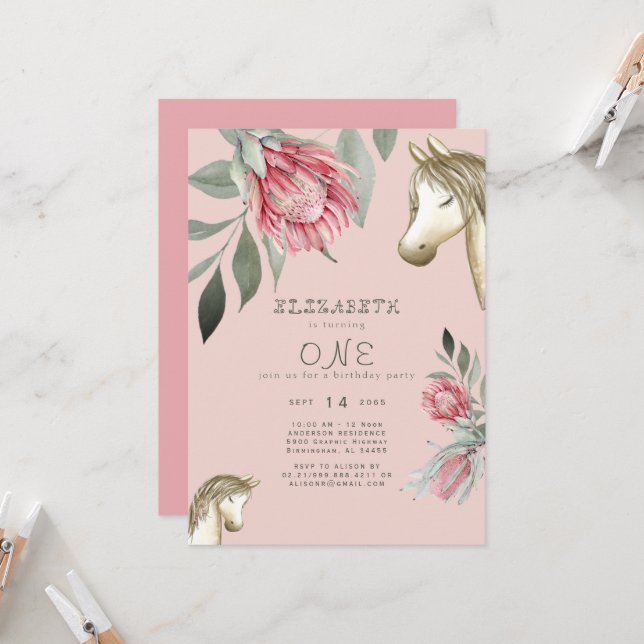 Pony rose Floral Anniversaire Fête Invitation (Devant/Arrière en situation)