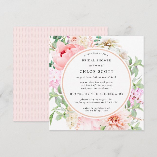 Pony rose Floral Carré Invitation à la douche nupt (Devant / Derrière)