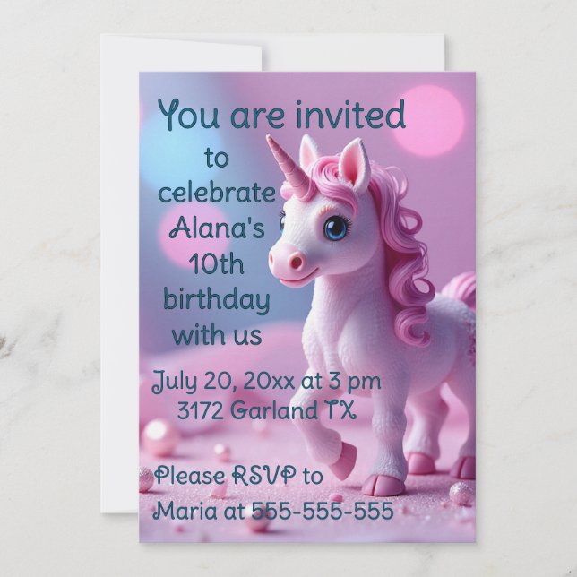 Pony rose Unicorn Invitation de fête d'anniversair (Devant)
