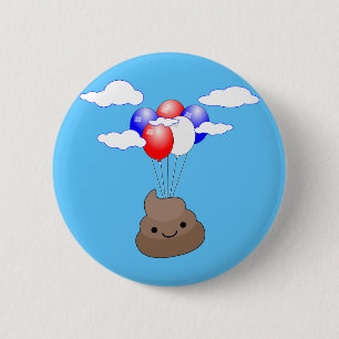Poo Emoji fliegen mit Balloons in blauem Himmel Button