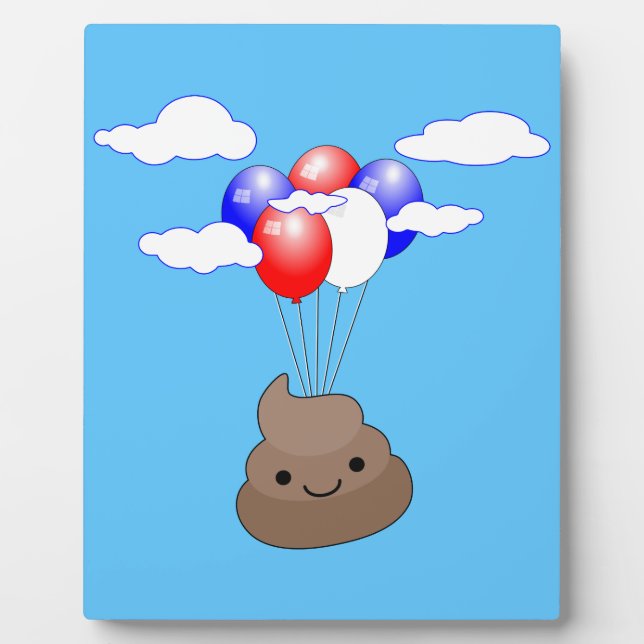 Poo Emoji fliegen mit Balloons in blauem Himmel Fotoplatte (Vorderseite)