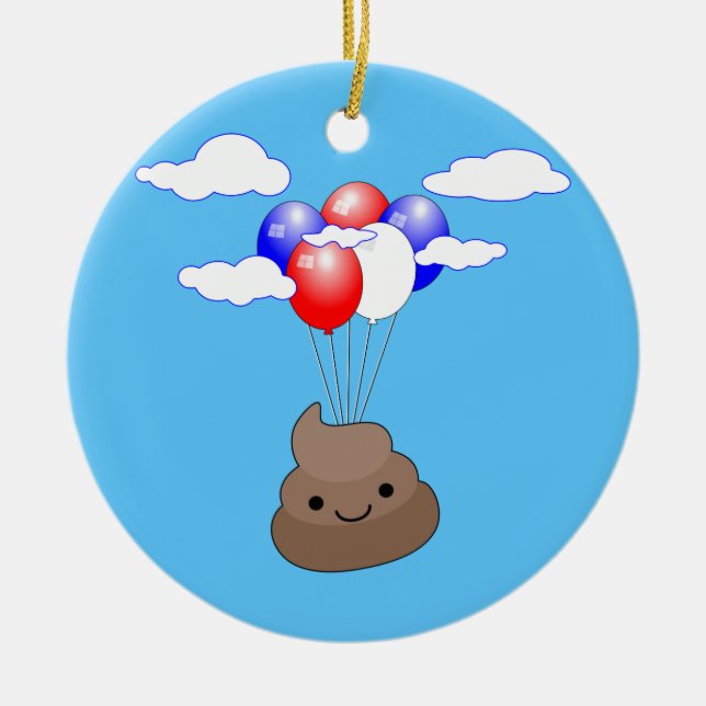 Poo Emoji fliegen mit Balloons in blauem Himmel Keramikornament (Vorne)