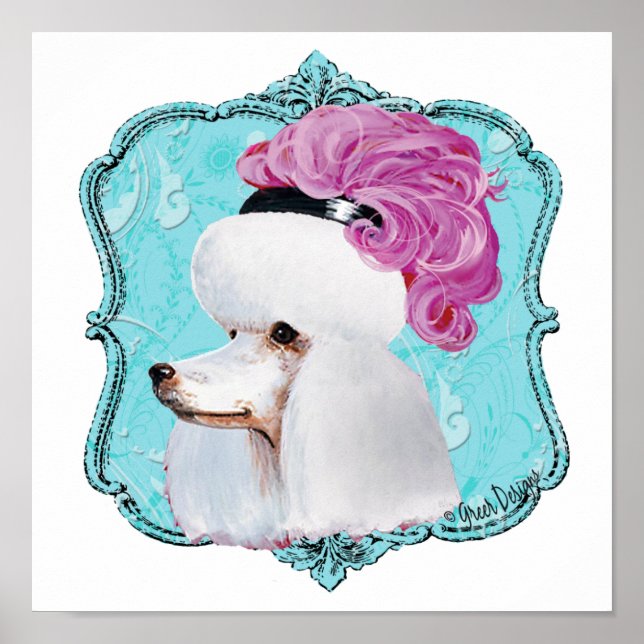 Poodle blanc Pink Feather Casquette Poster Imprime (Devant)