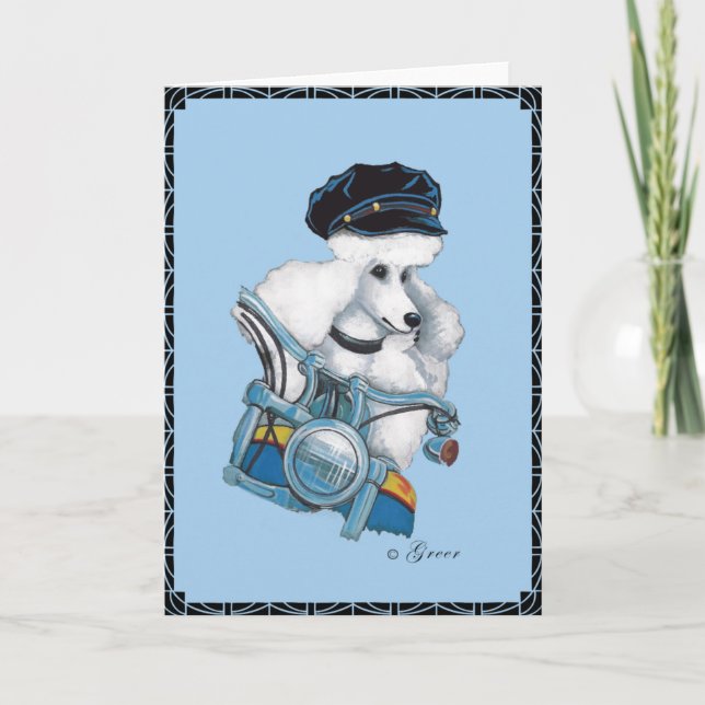 Poodle blanc sur une carte de voeux Harley Motorcy (Devant)