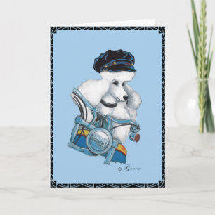 Poodle blanc sur une carte de voeux Harley Motorcy