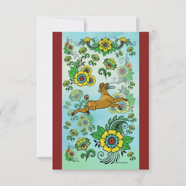 Poodle Brown qui attrape une carte de note Frisbee (Devant)