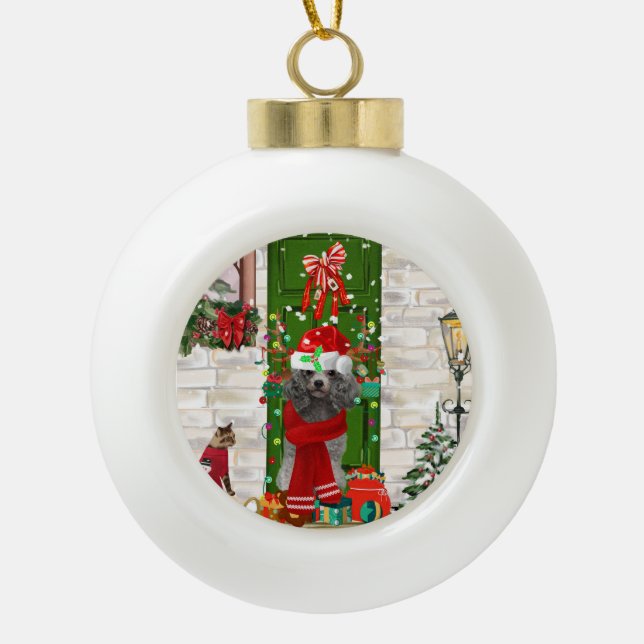 Poodle Christmas Keramik Kugel-Ornament (Vorderseite)
