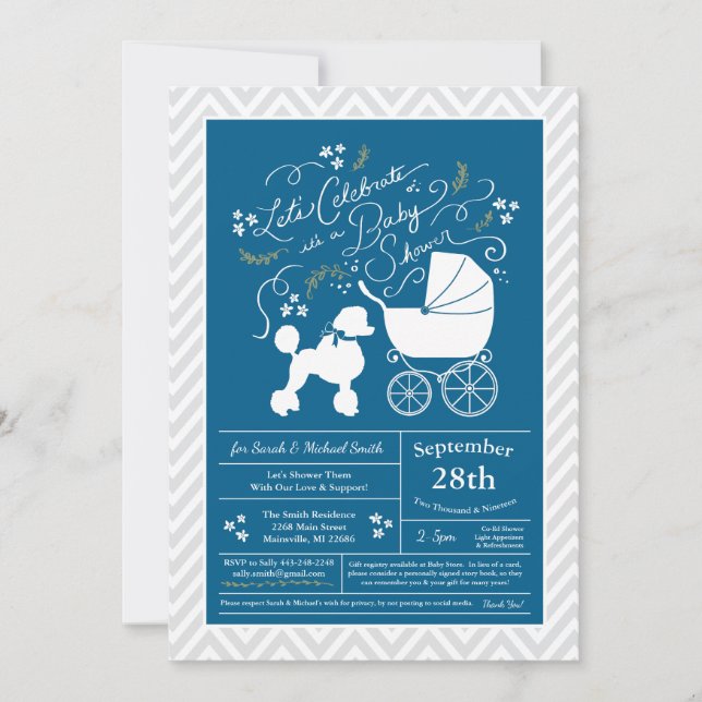 Poodle Dog Baby Dusche Französisch Blau für Junge Einladung (Vorderseite)