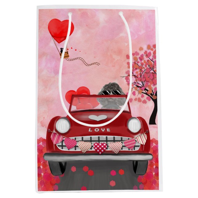 Poodle Dog Car mit Herzvalentiner Mittlere Geschenktüte (Vorderseite)