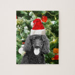 Poodle Dog Christmas Tree Snowman Red Weihnachtsma<br><div class="desc">Niedlicher Poodle Hund mit roter Weihnachtsmannmütze mit Weihnachtsbaumschneedekor im Hintergrund.</div>