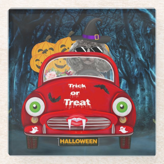 Poodle Dog Driving Car Beängstigend Halloween Glasuntersetzer (Vorderseite)