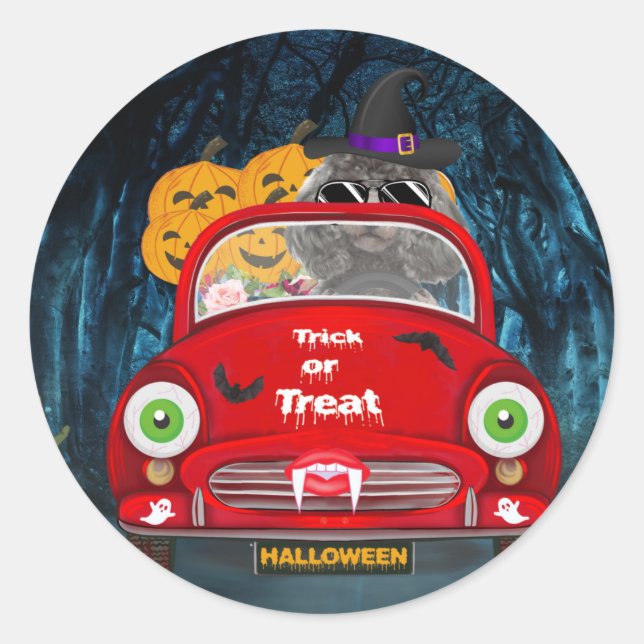 Poodle Dog Driving Car Beängstigend Halloween Runder Aufkleber (Vorderseite)