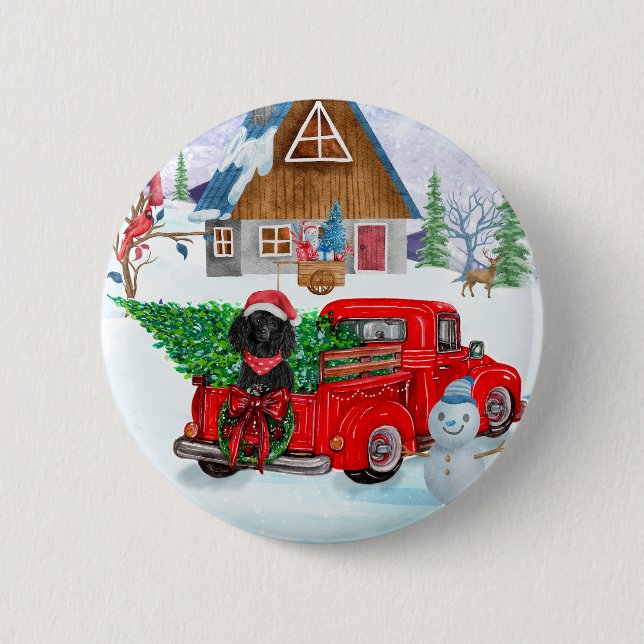 Poodle Dog in Christmas Delivery LKW Schnee Button (Vorderseite)
