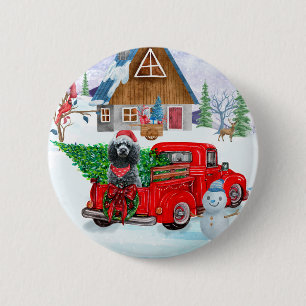 Poodle Dog in Christmas Delivery LKW Schnee Button