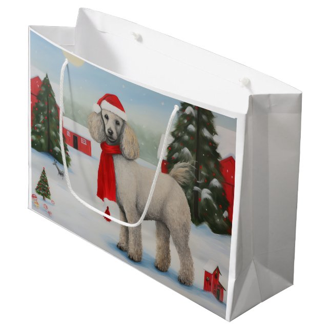 Poodle Dog in Schnee Weihnachten Große Geschenktüte (Vorderseite Schrägansicht)