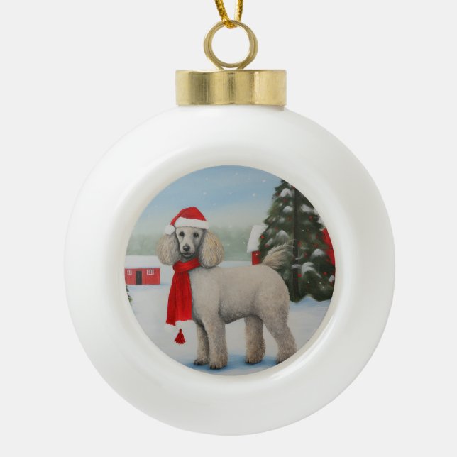 Poodle Dog in Schnee Weihnachten Keramik Kugel-Ornament (Vorderseite)