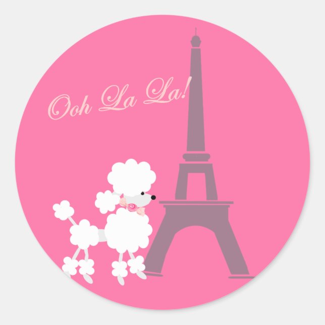 Poodle Dog und Eiffelturm Paris Pink Gray Runder Aufkleber (Vorderseite)