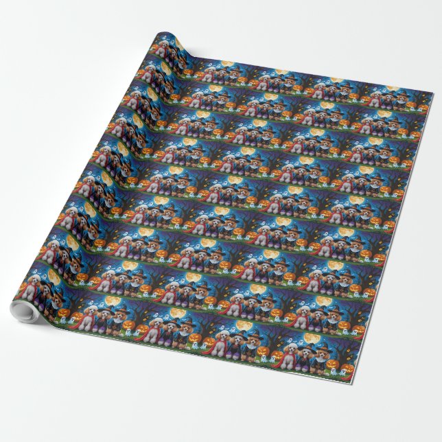 Poodle Dogs Pumpkin Halloween Funny Geschenkpapier (Ungerollt)