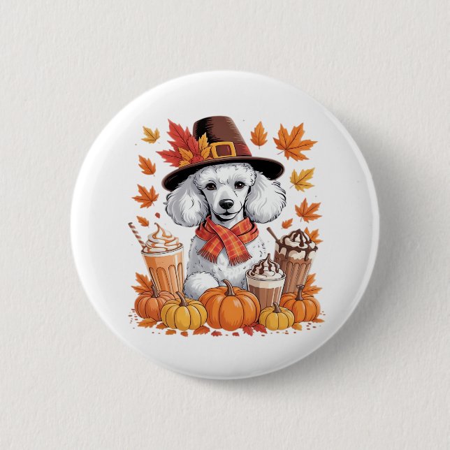 Poodle Erntedank Drinks Kaffee Herbstlaub Pump Button (Vorderseite)