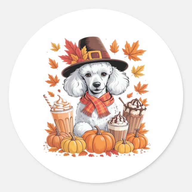 Poodle Erntedank Drinks Kaffee Herbstlaub Pump Runder Aufkleber (Vorderseite)