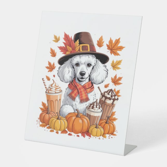 Poodle Erntedank Drinks Kaffee Herbstlaub Pump Sockelschild (Vorderseite)