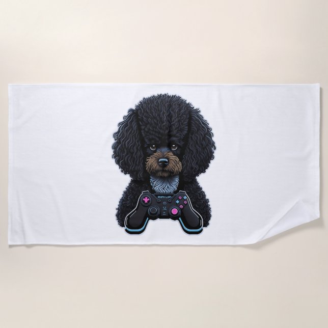 Poodle Gamer mit Joystick Strandtuch (Vorderseite)