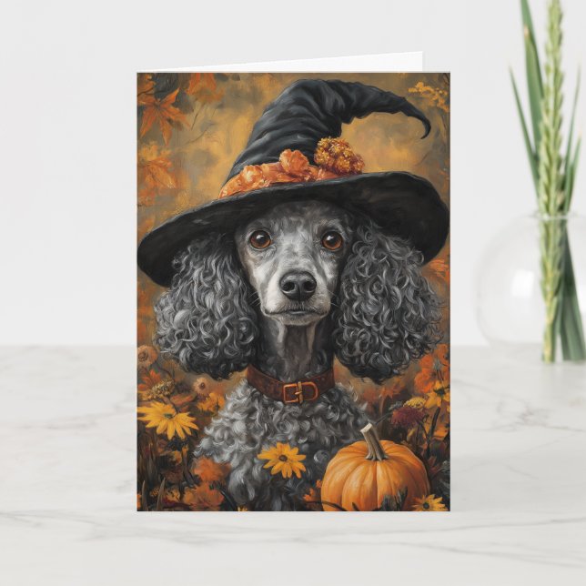 Poodle Hexe Halloween Feiertagskarte (Vorderseite)