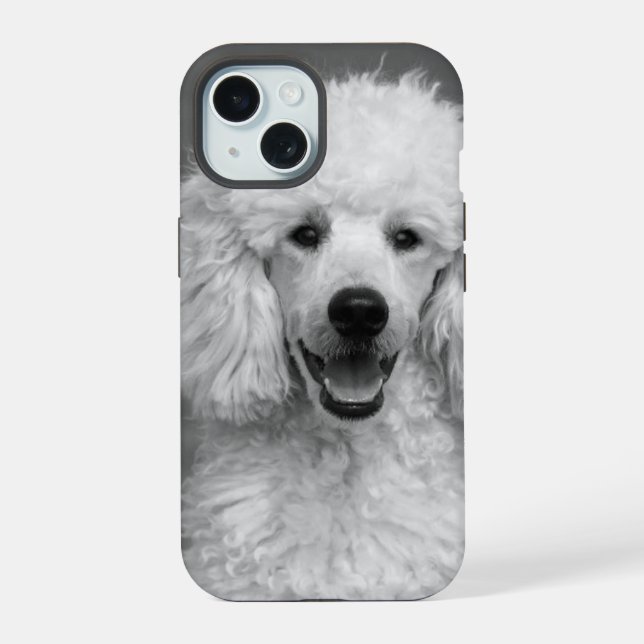 Poodle Hund Foto Schwarz und Weiß personalisierbar iPhone 15 Hülle (Rückseite)