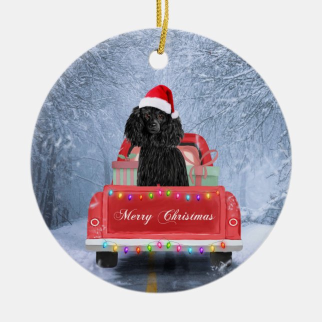 Poodle Hund im Schnee sitzend im Weihnachtswagen Keramik Ornament (Vorne)