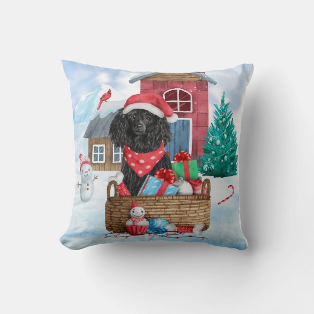 Poodle Hund im Schnee Weihnachtshaus Kissen (Vorderseite)