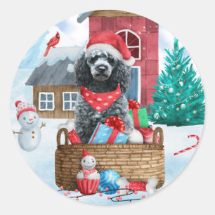 Poodle Hund im Schnee Weihnachtshaus Runder Aufkleber