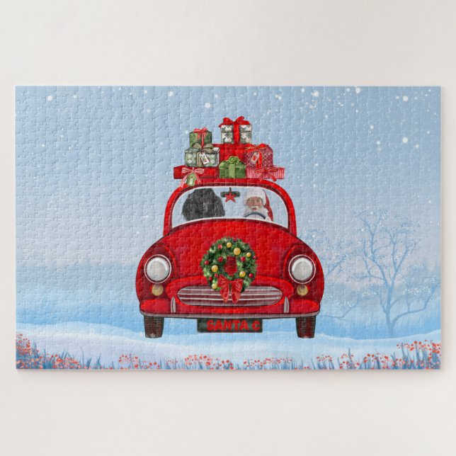 Poodle Hund in Auto mit dem Weihnachtsmann (Horizontal)