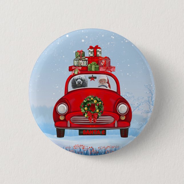 Poodle Hund in Auto mit dem Weihnachtsmann Button (Vorderseite)