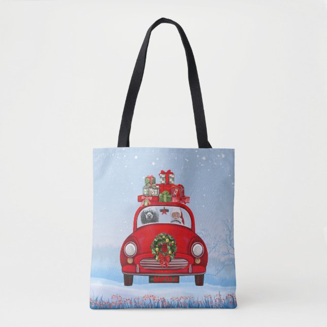 Poodle Hund in Auto mit dem Weihnachtsmann Tasche (Vorderseite)