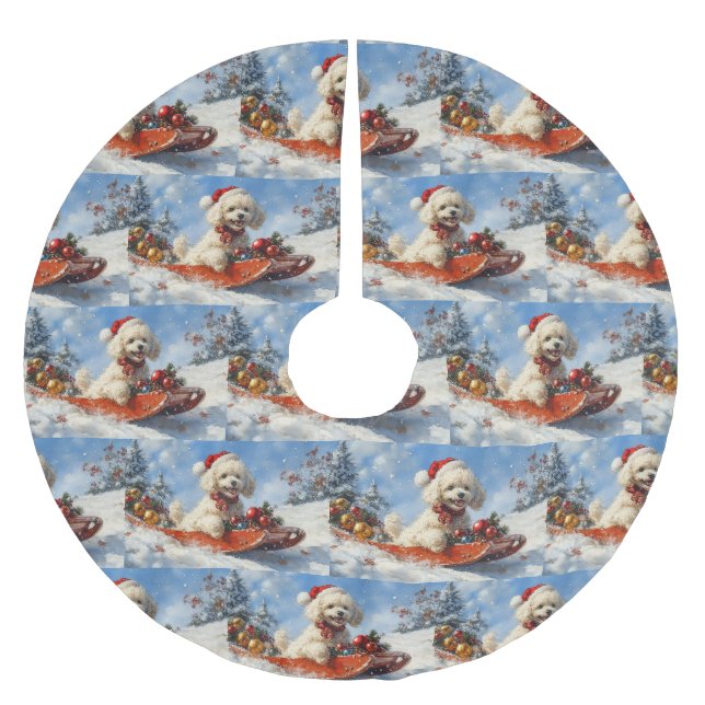 Poodle Hund in Sledge Lass es Schnee Weihnachten Polyester Weihnachtsbaumdecke (Vorderseite)