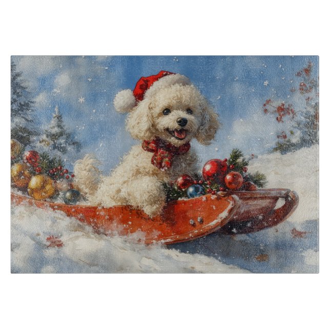 Poodle Hund in Sledge Lass es Schnee Weihnachten Schneidebrett (Vorderseite)