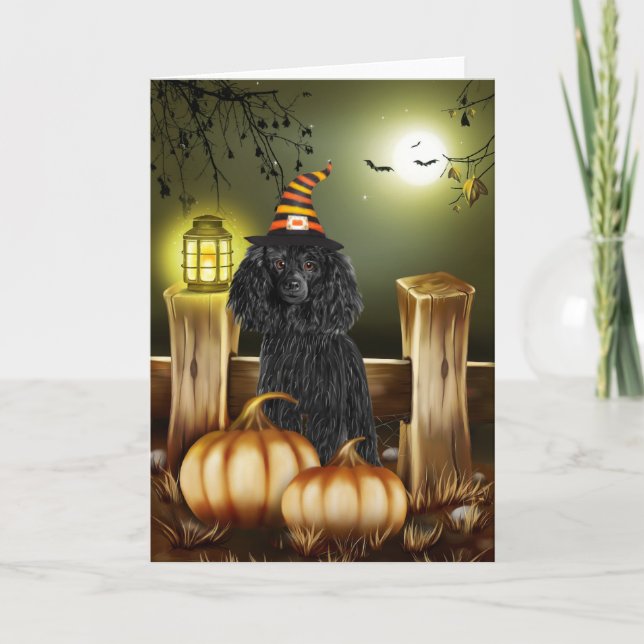 Poodle Hund mit Hexenhut Halloween Karte (Vorderseite)