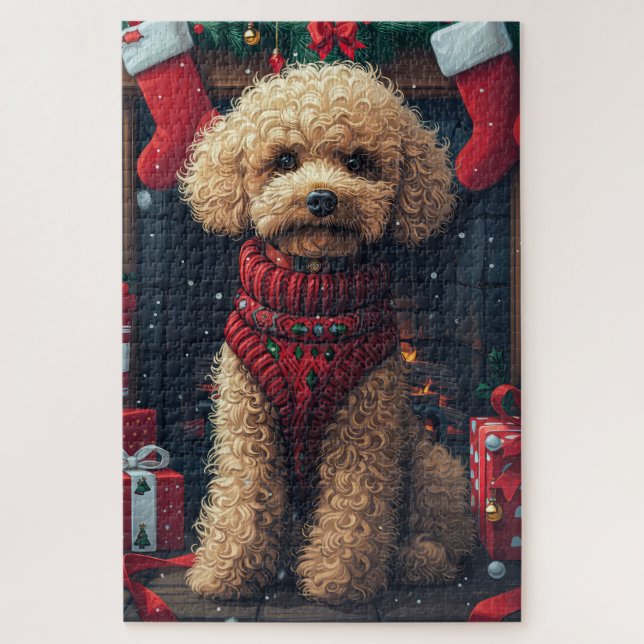 Poodle Hund mit Weihnachtsgeschenken Feuerplatz (Vertikal)