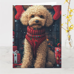 Poodle Hund mit Weihnachtsgeschenken Feuerplatz Karte
