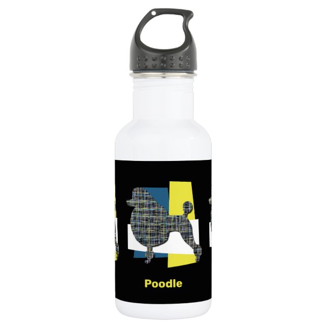 Poodle Hund Silhouette Gelb & Blau Grid Edelstahlflasche (Vorderseite)
