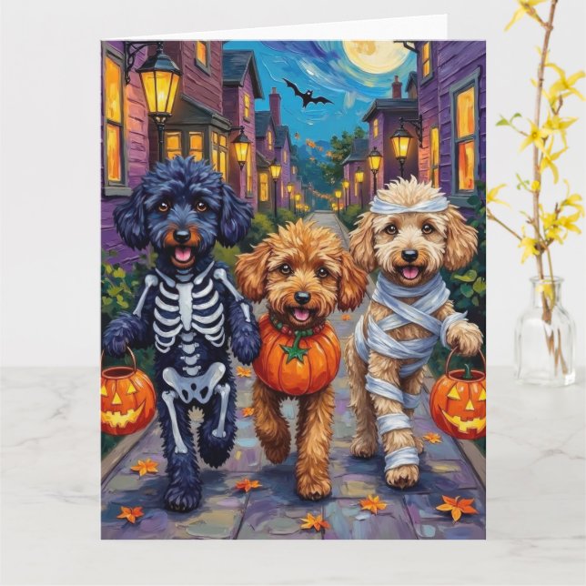 Poodle Hunde Trick-oder-Treating Halloween Kostüme Karte (Gelbe Blume)