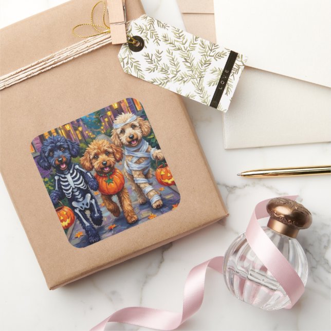 Poodle Hunde Trick-oder-Treating Halloween Kostüme Quadratischer Aufkleber (Schenken)