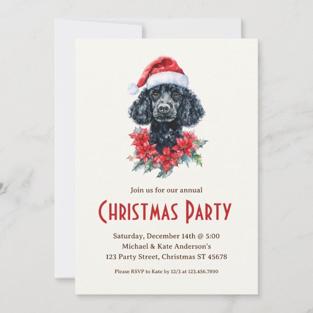 Poodle in der Weihnachtsmannmütze Black Dog Weihna Einladung (Vorderseite)