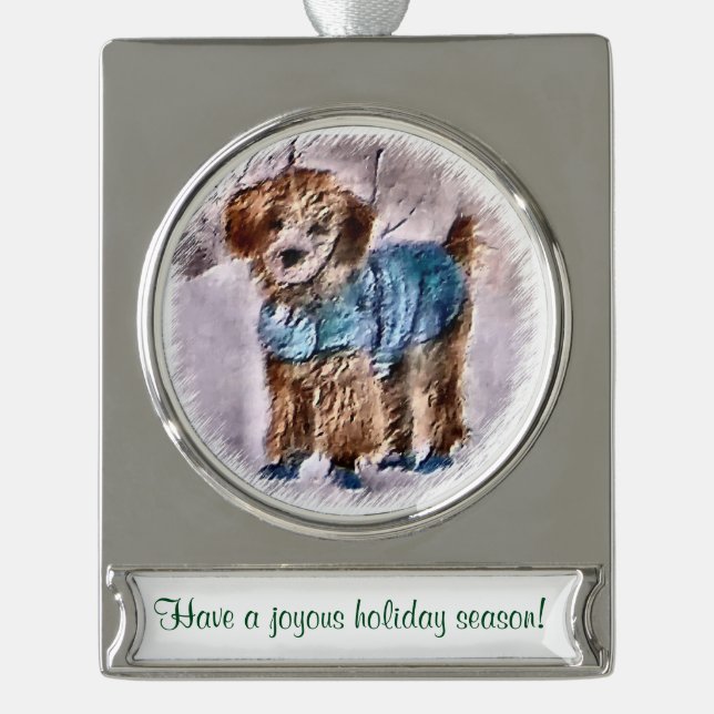 Poodle in Sweater Personalisierte Weihnachten Banner-Ornament Silber (Vorderseite)