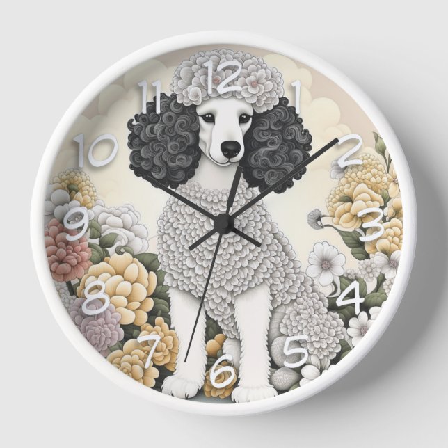 Poodle in Whimsikalen Blume Uhr (Vorderseite)