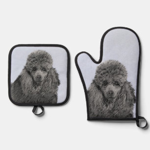 Poodle Malerei Miniaturspielzeug Schwarzer Haustie Ofenhandschuh & Topflappen-Set